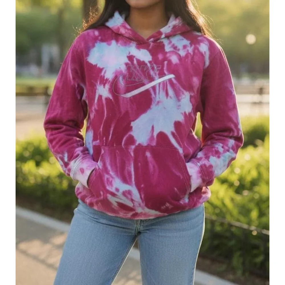 LARGE NIKE Reclaimed Hand-Dyed Hoodie – Vibrant Tie-Dye in Pink and Blue